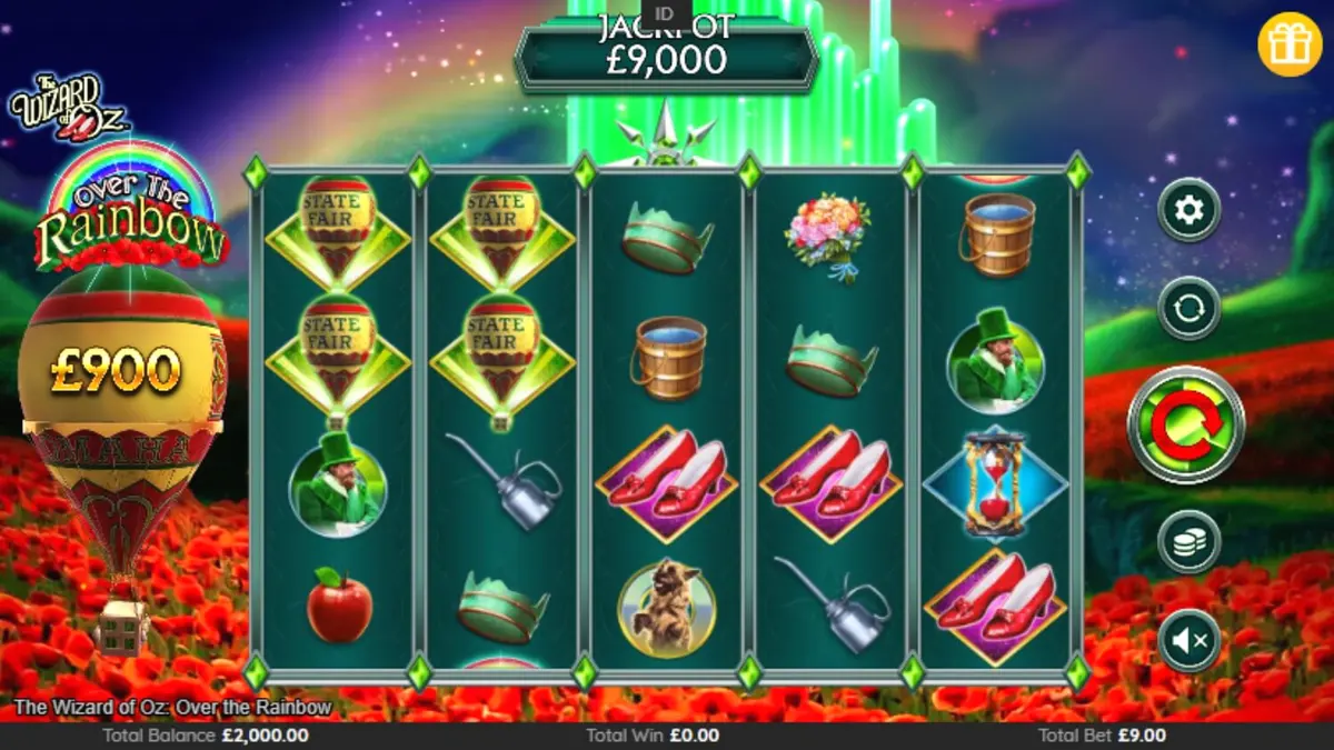 The Wizard of Oz: Over the Rainbow slot machine interface showing iconic characters and magical features.